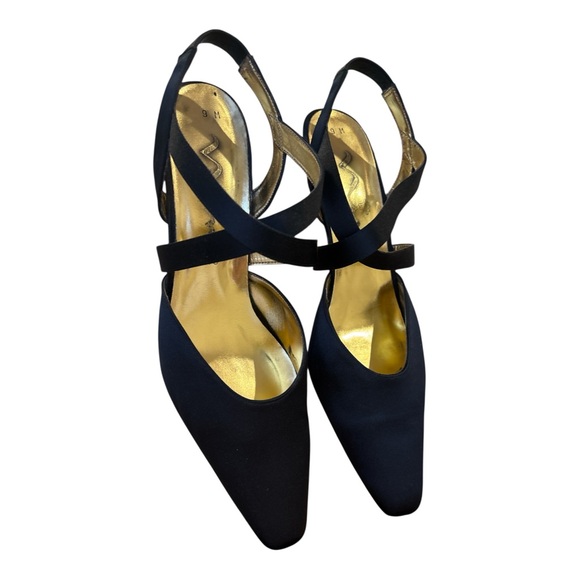 VINTAGE NINA SATIN BLACK CRISS CROSS STRAPY 3" HEELS W GOLD TONE LINED SZ 9 - Picture 2 of 6